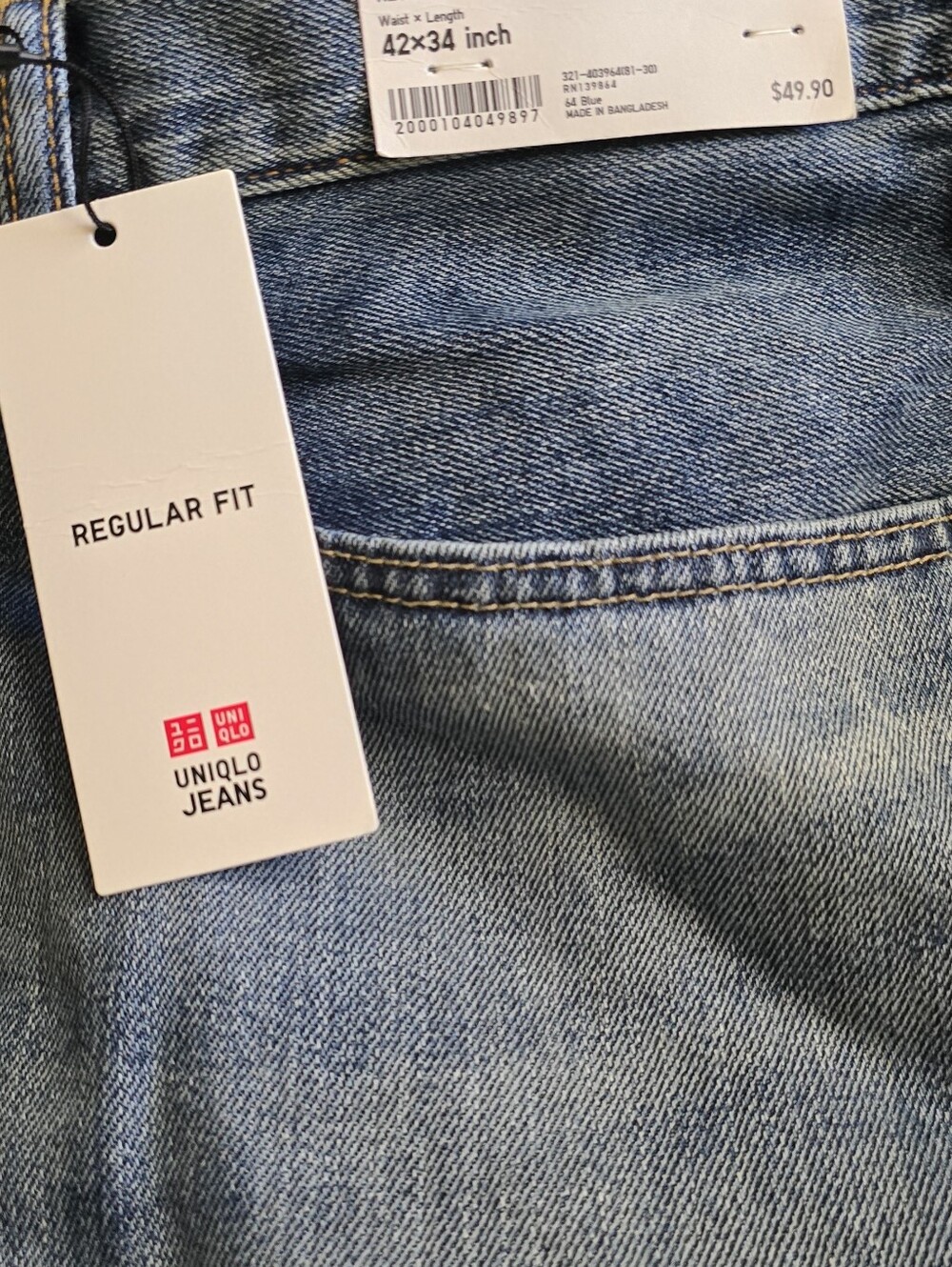 Uniqlo New Men’s Light Blue Relaxed Regular Fit Straight Cut Blue Jeans 42inx34 - Picture 4 of 5